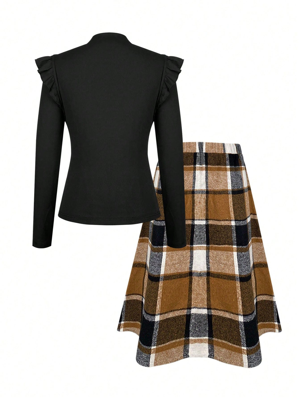Women's 2-Piece Suit, Solid Black Long-Sleeved Small Stand-Up Collar Top And Plaid Printed Skirt, Knee-Length Skirt, Elegant, Suitable For All Seasons