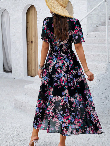 Women's 2024 Spring Summer Floral Print Dress With Waist Tie