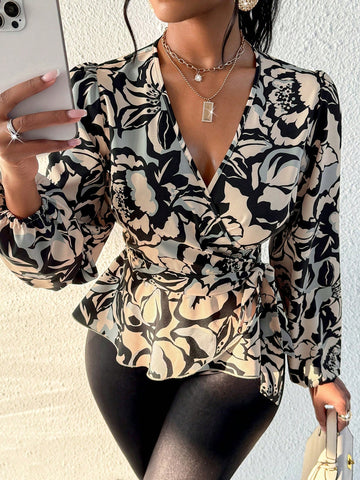 Women's 2025 Spring Elegant V-Neck Warp Random Floral Print Belted Blouse-Random Printing