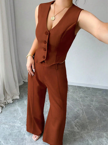 Women's 2Pcs Elegant Casual Business Commuter Elastic Banded V-Neck Vest Jacket & Straight Long Pants Suit Set, Suitable For Spring/Summer Office Lady
