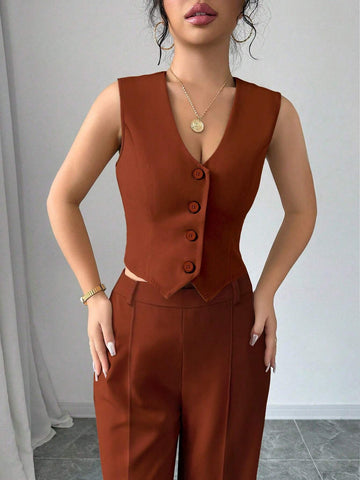 Women's 2Pcs Elegant Casual Business Commuter Elastic Banded V-Neck Vest Jacket & Straight Long Pants Suit Set, Suitable For Spring/Summer Office Lady
