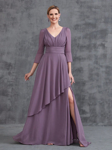 Womens' 3/4 Sleeves Irregular Ruffles Hem Chiffon Party Dress