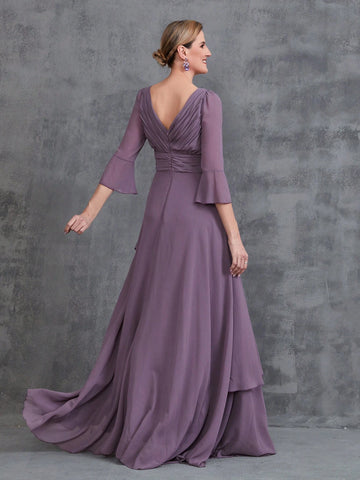 Womens' 3/4 Sleeves Irregular Ruffles Hem Chiffon Party Dress