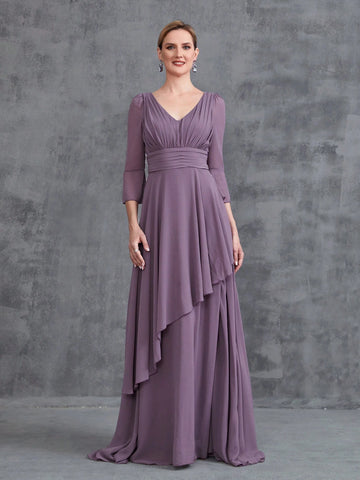 Womens' 3/4 Sleeves Irregular Ruffles Hem Chiffon Party Dress