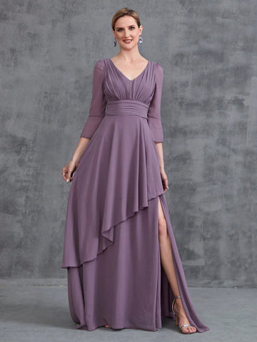 Womens' 3/4 Sleeves Irregular Ruffles Hem Chiffon Party Dress