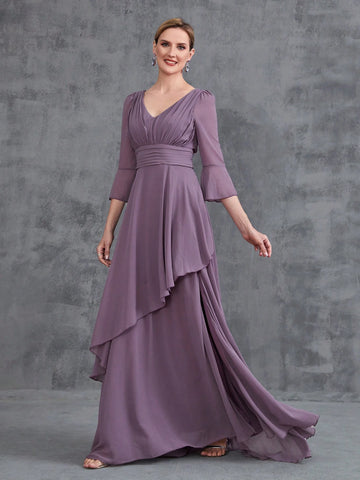 Womens' 3/4 Sleeves Irregular Ruffles Hem Chiffon Party Dress