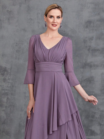 Womens' 3/4 Sleeves Irregular Ruffles Hem Chiffon Party Dress