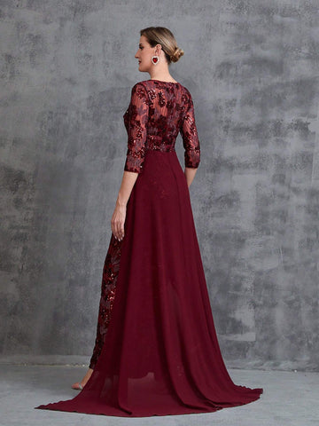 Womens' 3/4 Sleeves Sequin Formal Dress With Chiffon Tail