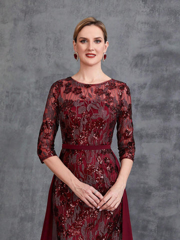 Womens' 3/4 Sleeves Sequin Formal Dress With Chiffon Tail