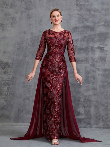 Womens' 3/4 Sleeves Sequin Formal Dress With Chiffon Tail