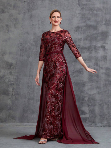 Womens' 3/4 Sleeves Sequin Formal Dress With Chiffon Tail