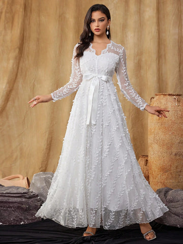 Women's 3D Embroidered Mesh Lace Wedding Dress Long Sleeve V Neck Belt Gown