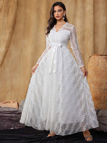 Women's 3D Embroidered Mesh Lace Wedding Dress Long Sleeve V Neck Belt Gown
