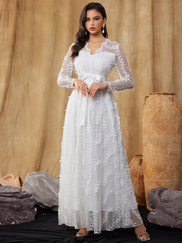Women's 3D Embroidered Mesh Lace Wedding Dress Long Sleeve V Neck Belt Gown