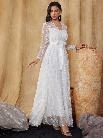 Women's 3D Embroidered Mesh Lace Wedding Dress Long Sleeve V Neck Belt Gown