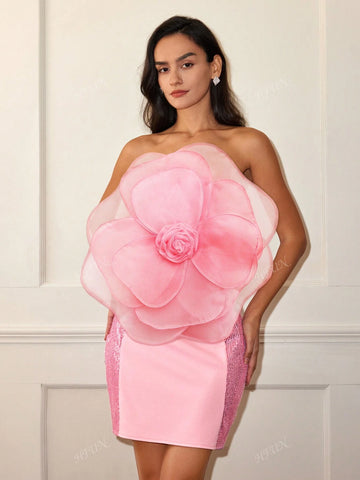 Women's 3D Floral Beaded Strapless Sequin Party Dress