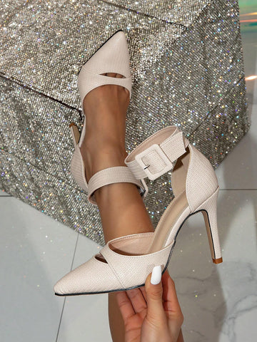Women's  High Heel Hollow Out Belt Buckle Foot Ring Open-Toe Stiletto Shoes For Catwalk, With Thin Heels And Hallow Out Design