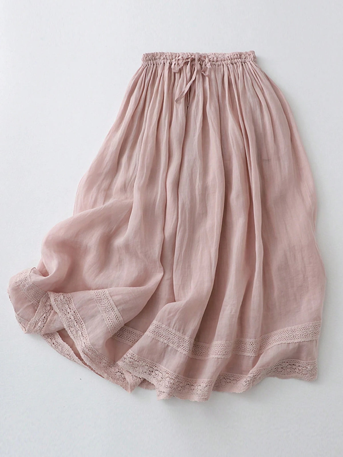 Women's A-Line Skirt With Elastic Waist And Fake Linen Lining, Double Layer, Embroidered, Spring/Summer Thin Long Skirt