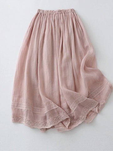 Women's A-Line Skirt With Elastic Waist And Fake Linen Lining, Double Layer, Embroidered, Spring/Summer Thin Long Skirt