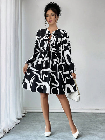 Women's Abstract Print Tie Front, Elastic Waist, Elastic Cuff Dress