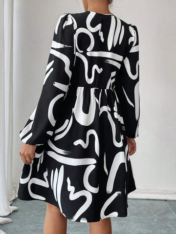 Women's Abstract Print Tie Front, Elastic Waist, Elastic Cuff Dress