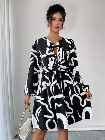 Women's Abstract Print Tie Front, Elastic Waist, Elastic Cuff Dress