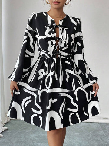 Women's Abstract Print Tie Front, Elastic Waist, Elastic Cuff Dress