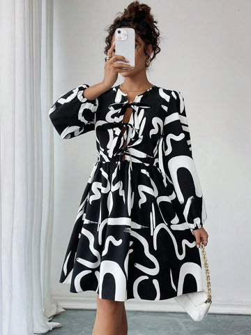 Women's Abstract Print Tie Front, Elastic Waist, Elastic Cuff Dress