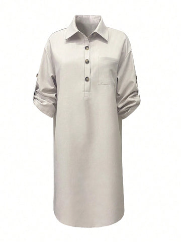 Women's Adjustable Sleeve Loose Linen Shirt Dress