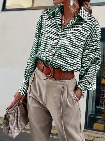 Women's All-Over Print Long Sleeve Casual Shirt, Suitable For Commuting In Autumn