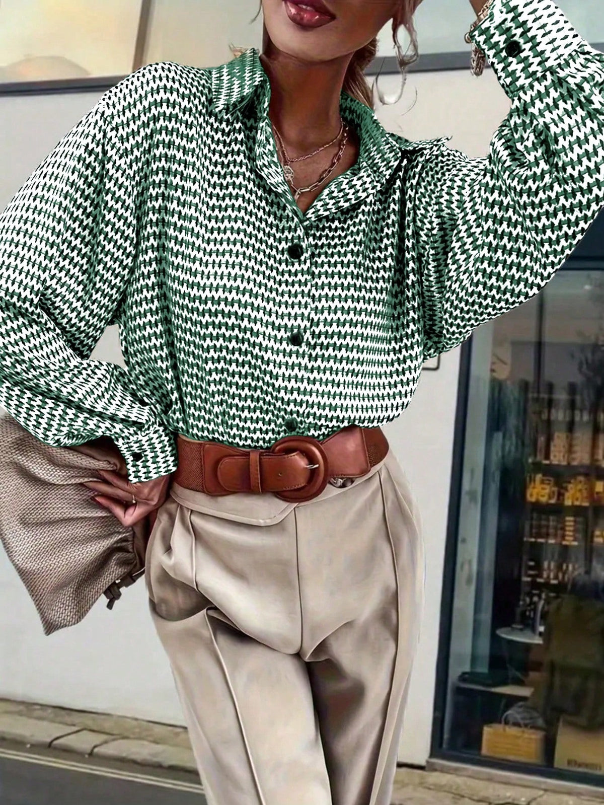 Women's All-Over Print Long Sleeve Casual Shirt, Suitable For Commuting In Autumn