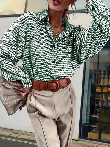 Women's All-Over Print Long Sleeve Casual Shirt, Suitable For Commuting In Autumn