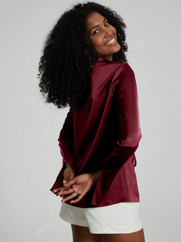 Women's Allover Print Drawstring Casual Long Sleeve Cardigan Shirt