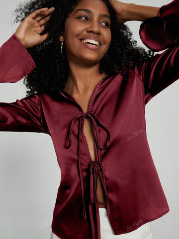 Women's Allover Print Drawstring Casual Long Sleeve Cardigan Shirt