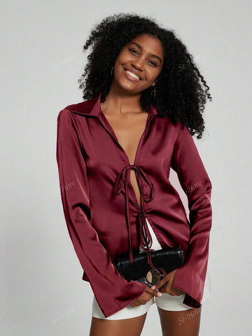 Women's Allover Print Drawstring Casual Long Sleeve Cardigan Shirt