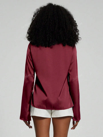 Women's Allover Print Drawstring Casual Long Sleeve Cardigan Shirt