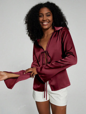 Women's Allover Print Drawstring Casual Long Sleeve Cardigan Shirt