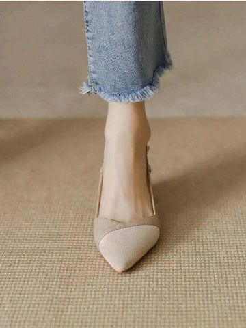 Women's Ankle Strap Pointed Toe Chunky Heel Sandals, Simple Fashionable Four Seasons Slingback Mid-Heels Shoes, Open Toe Buckled Pumps