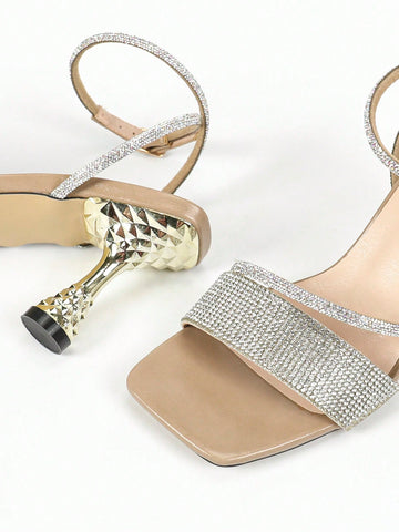 Women's Apricot New Style Fashion Comfortable Strappy Diamond Glitter Stiletto Heel Open Toe S