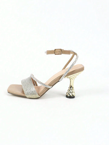 Women's Apricot New Style Fashion Comfortable Strappy Diamond Glitter Stiletto Heel Open Toe S