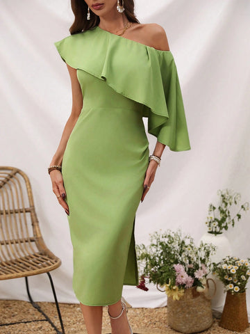 Women's Asymmetric Neck Ruffle Hem Bodycon Dress