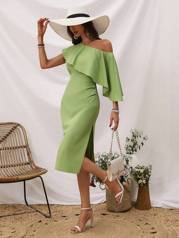 Women's Asymmetric Neck Ruffle Hem Bodycon Dress