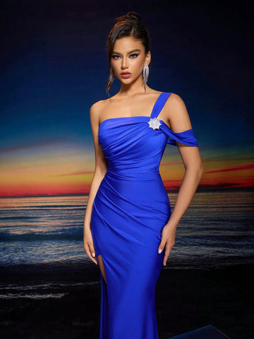 Women's Asymmetrical Backless Evening Dress With Detachable Decor Button And Tie Waist (Embellished), Wedding Event Dress