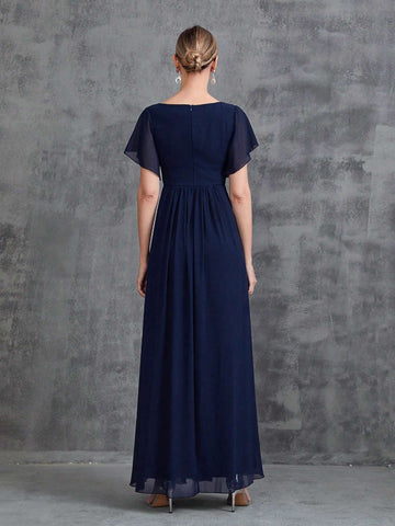 Women's Asymmetrical Neck Floral Applique Short Sleeve Chiffon Party Dress