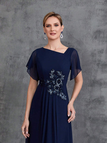 Women's Asymmetrical Neck Floral Applique Short Sleeve Chiffon Party Dress