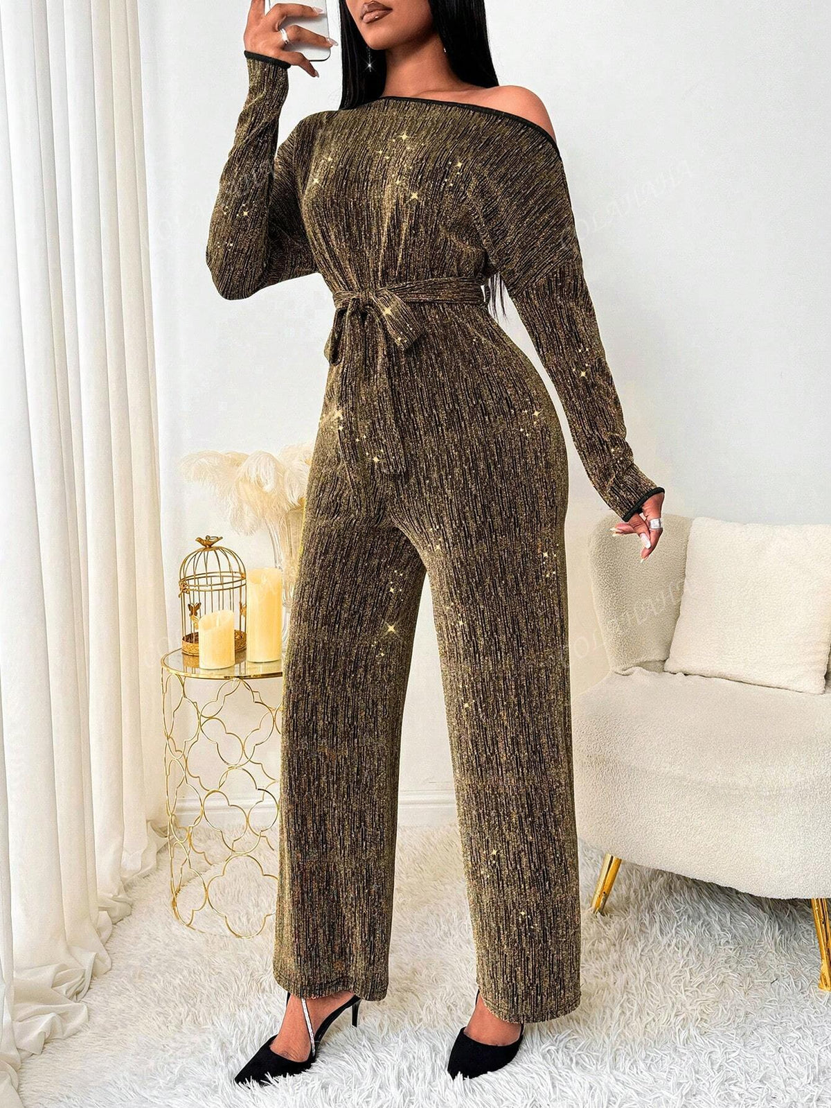 Women's Asymmetrical Neck Long Sleeve Waist Tie Casual Jumpsuit, Spring & Summer