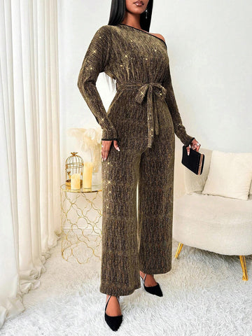 Women's Asymmetrical Neck Long Sleeve Waist Tie Casual Jumpsuit, Spring & Summer