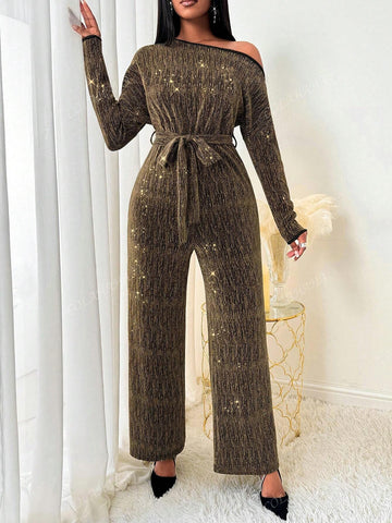 Women's Asymmetrical Neck Long Sleeve Waist Tie Casual Jumpsuit, Spring & Summer