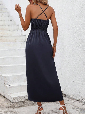 Women's Asymmetrical Neckline One Shoulder Sleeveless High Slit Maxi Dress
