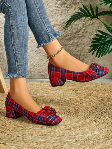 Women's Autumn/Winter Deep Red Plaid Fabric Round Toe Chunky Heeled